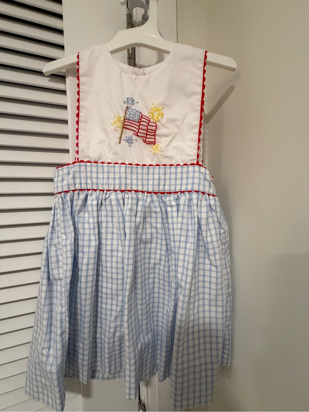 Smockingbird Girls Patriotic Embroidered Flag Sundress Blue Gingham 3T